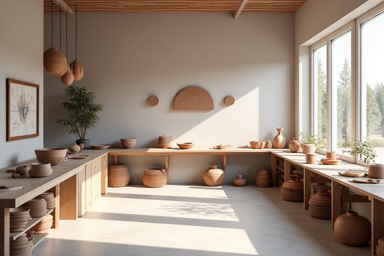 Arkitekt Ler studio med keramiske værker og arkitektoniske tegninger